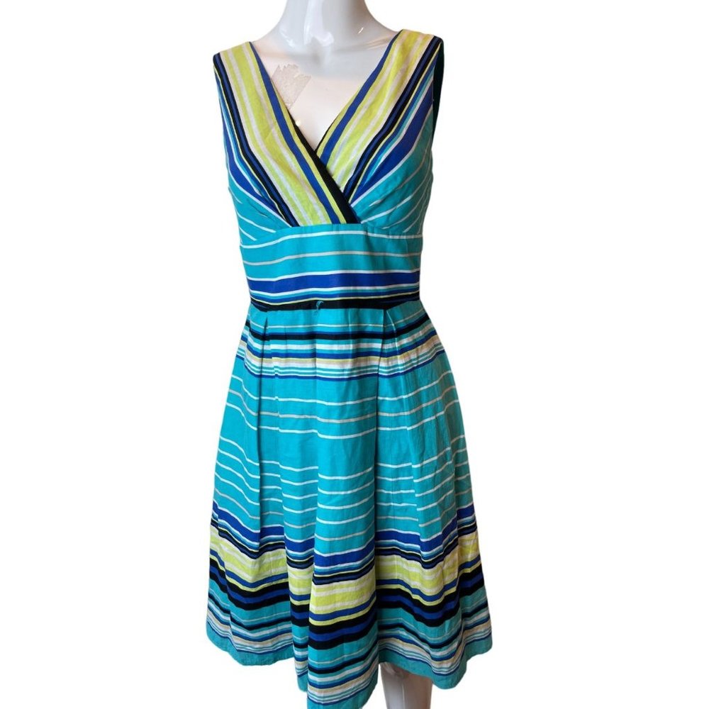 Dress Barn Women Striped Mini Party Wrap Dress Fit & Flare Sleeveless Blue SZ 4